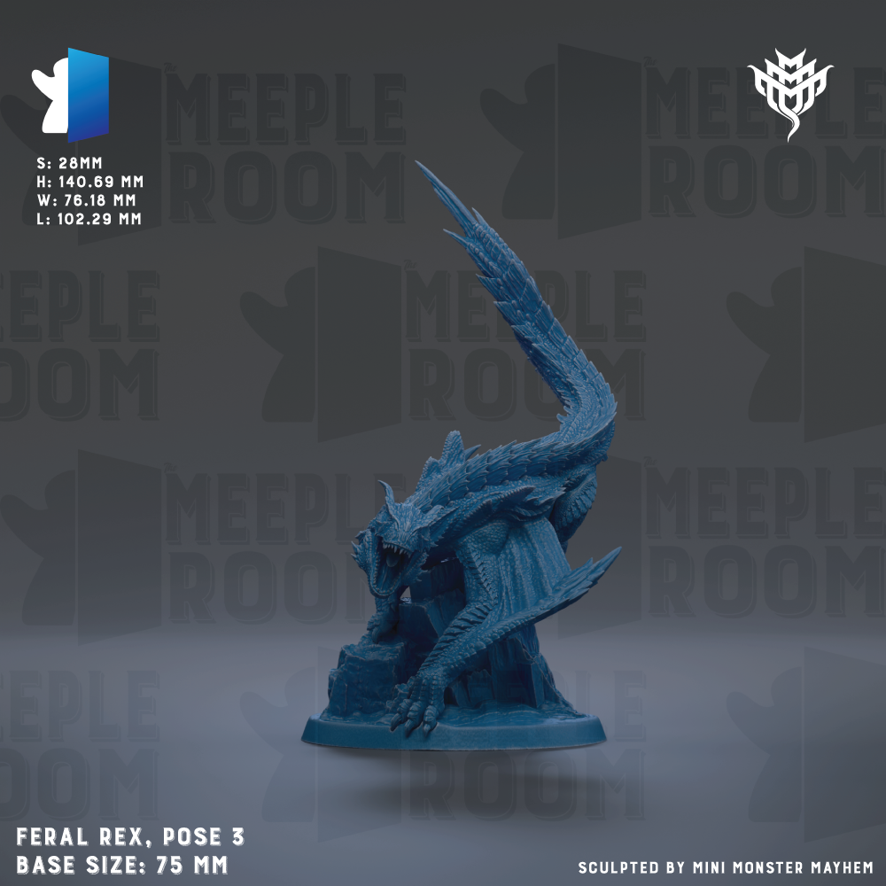 a blue, feral rex figurine posed on a base size of 7.5 mm.