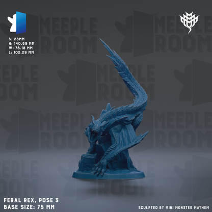 a blue, feral rex figurine posed on a base size of 7.5 mm.