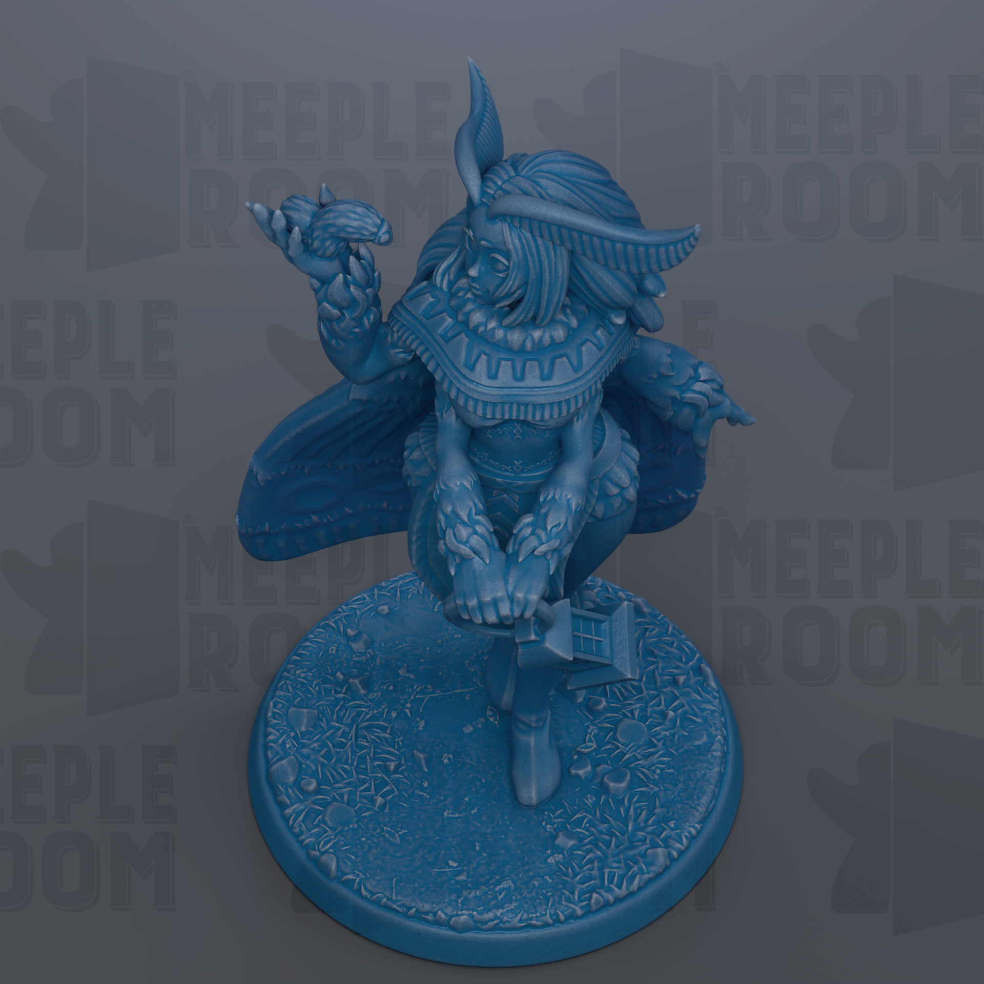 A blue figurine of a fantastical creature with wings and a headdress, standing on a blue base with a textured surface.