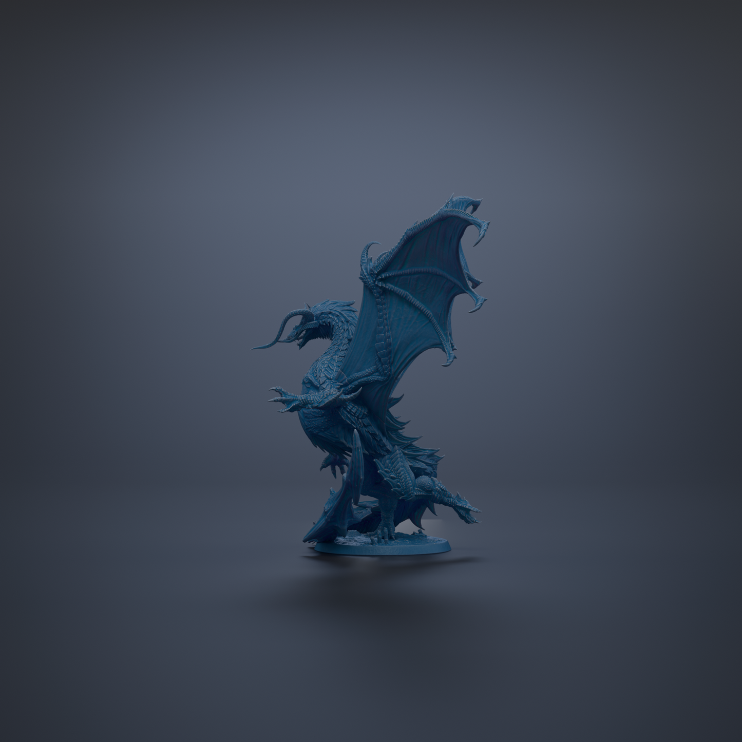 A 3D rendering of a blue dragon statue with wings spread, standing on a base against a dark background.