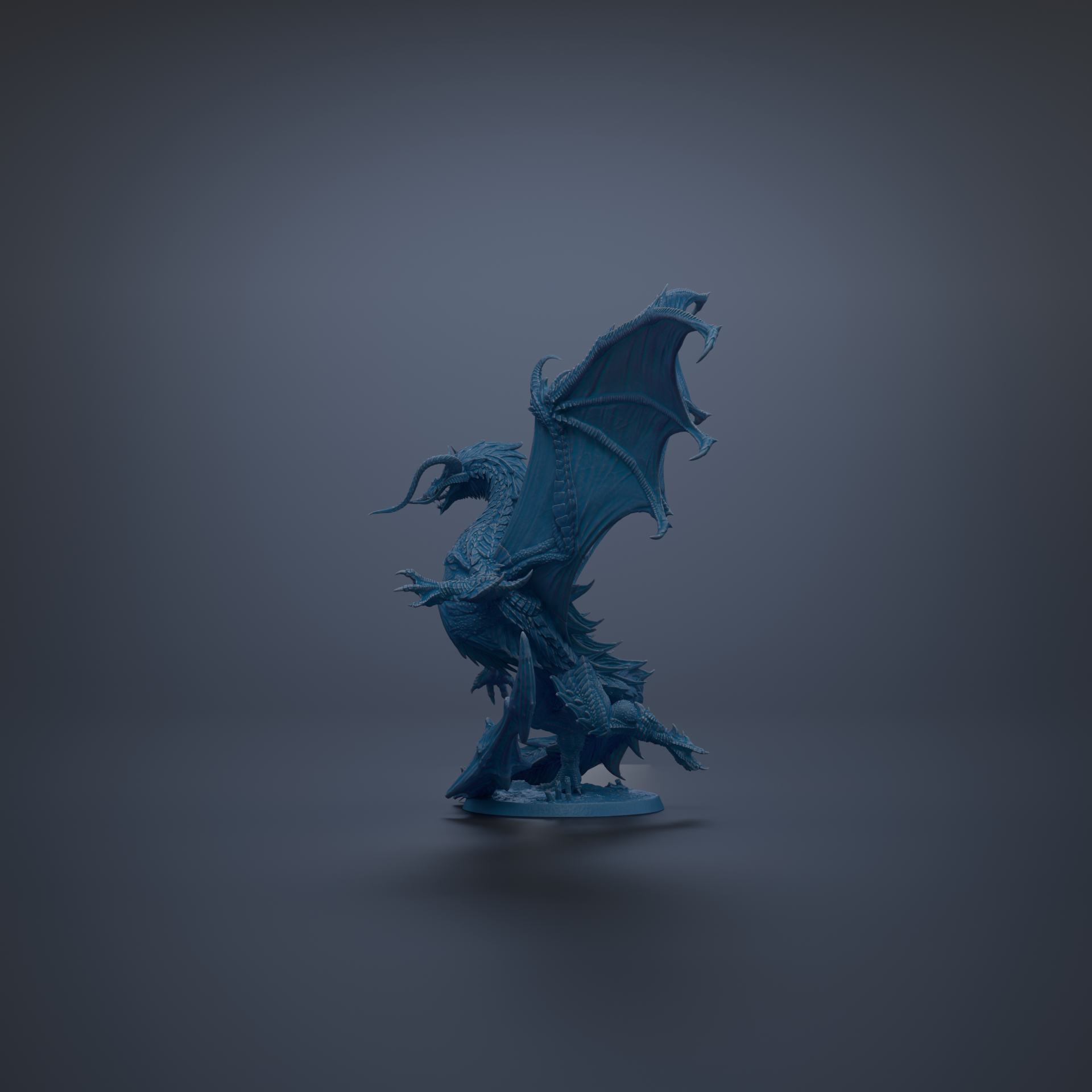 A 3D rendering of a blue dragon statue with wings spread, standing on a base against a dark background.
