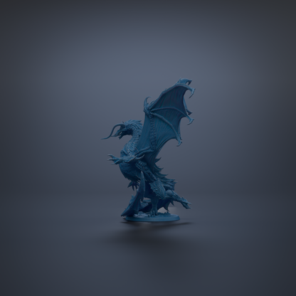 A 3D rendering of a blue dragon statue with wings spread, standing on a base against a dark background.