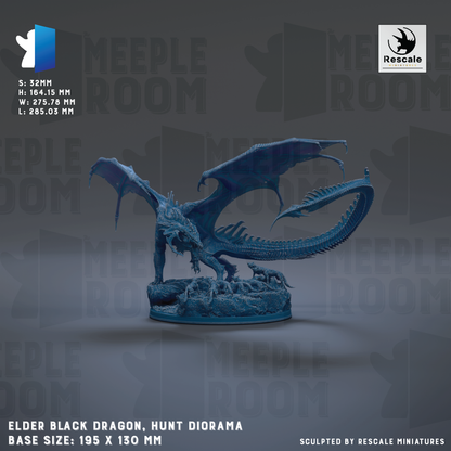 The image is a 3D rendering of a black dragon figurine, specifically a hunt diorama. The dragon is depicted in a dynamic pose, with its wings spread wide and its tail curled around its body. The dragon is shown in a realistic style, with intricate details and a lifelike appearance. The image is set against a dark background, which contrasts with the dragon's blue color and makes it stand out prominently. The image is described as a "base size: 95 x 130 mm" and is "sculpted by Rescue miniatures".