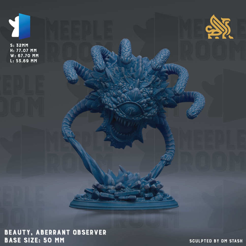 a large, blue, abstract sculpture of an observer-like creature with multiple arms and a prominent eye. The sculpture appears to be a base size of 50mm.