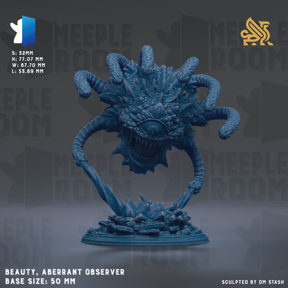a large, blue, abstract sculpture of an observer-like creature with multiple arms and a prominent eye. The sculpture appears to be a base size of 50mm.