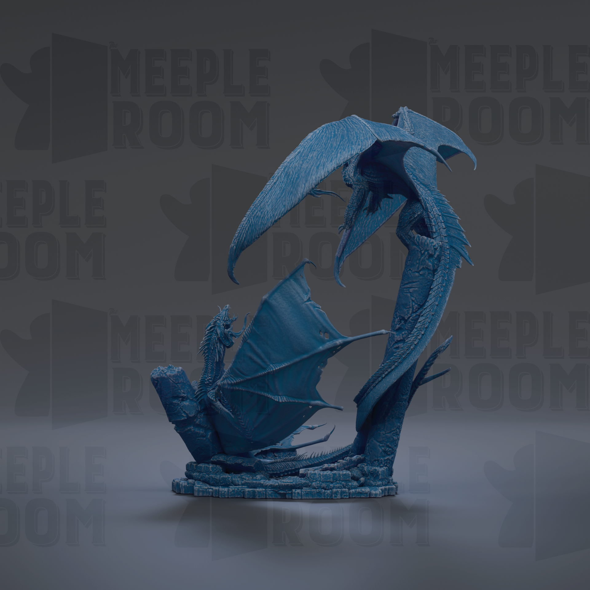 A blue dragon statue with wings spread, standing on a rock formation against a dark background.