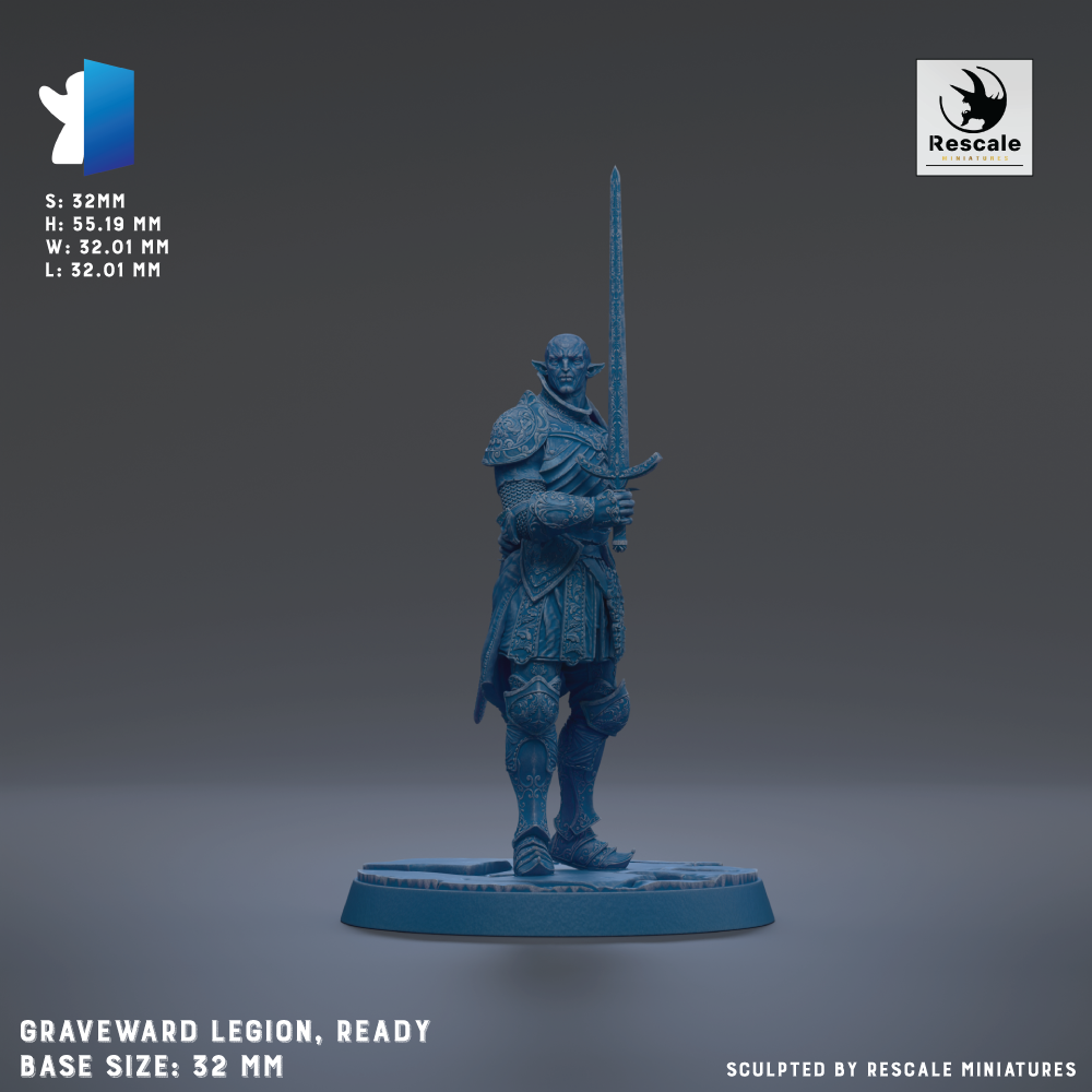 a figurine of a warrior standing on a base, ready for battle. The figurine is in a standing position and is holding a sword. The base size of the figurine is 32mm. The figurine is sculpted by Rescue miniatures.