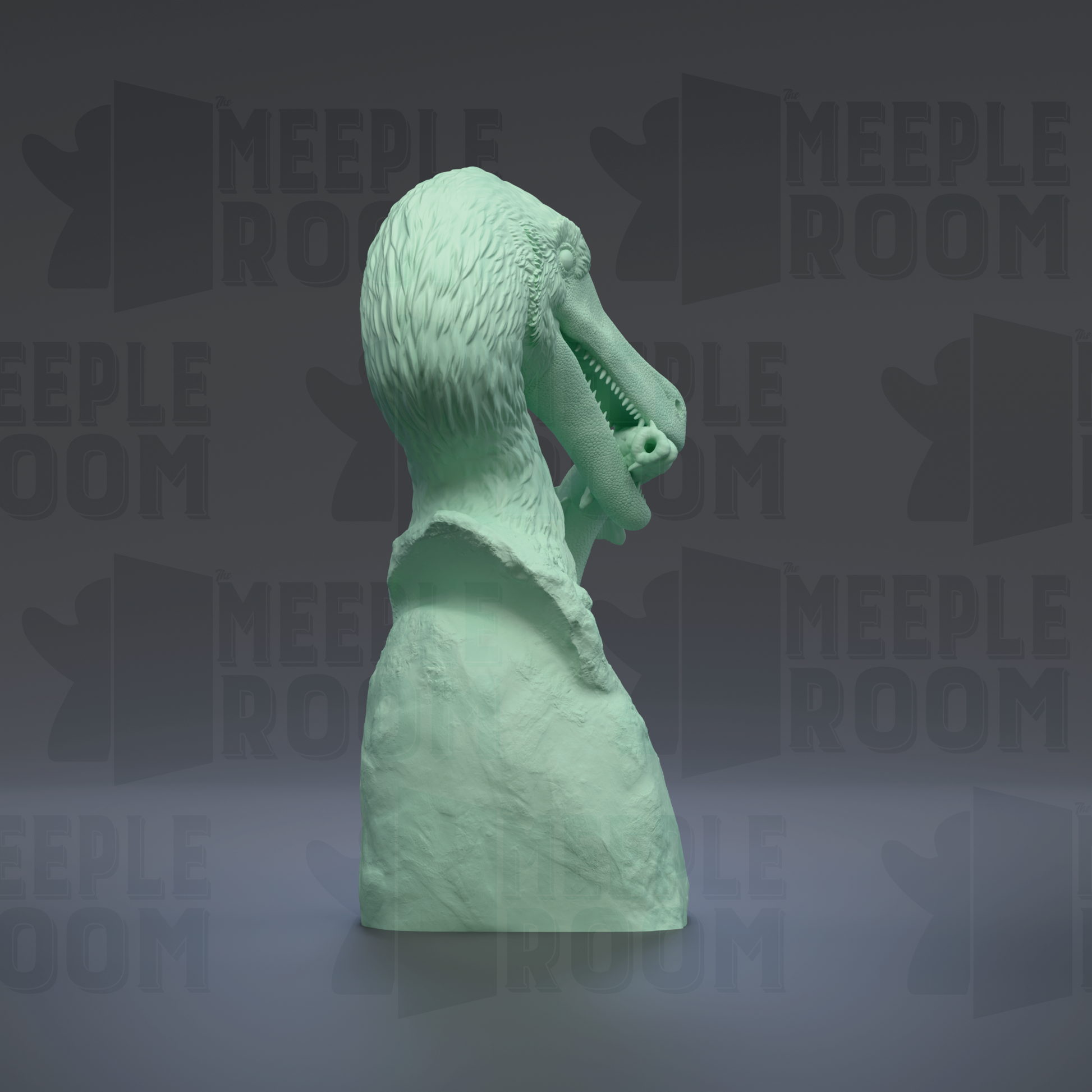 A green, sculpted statue of a bird with a large beak and open mouth, set against a dark background with repeated text.