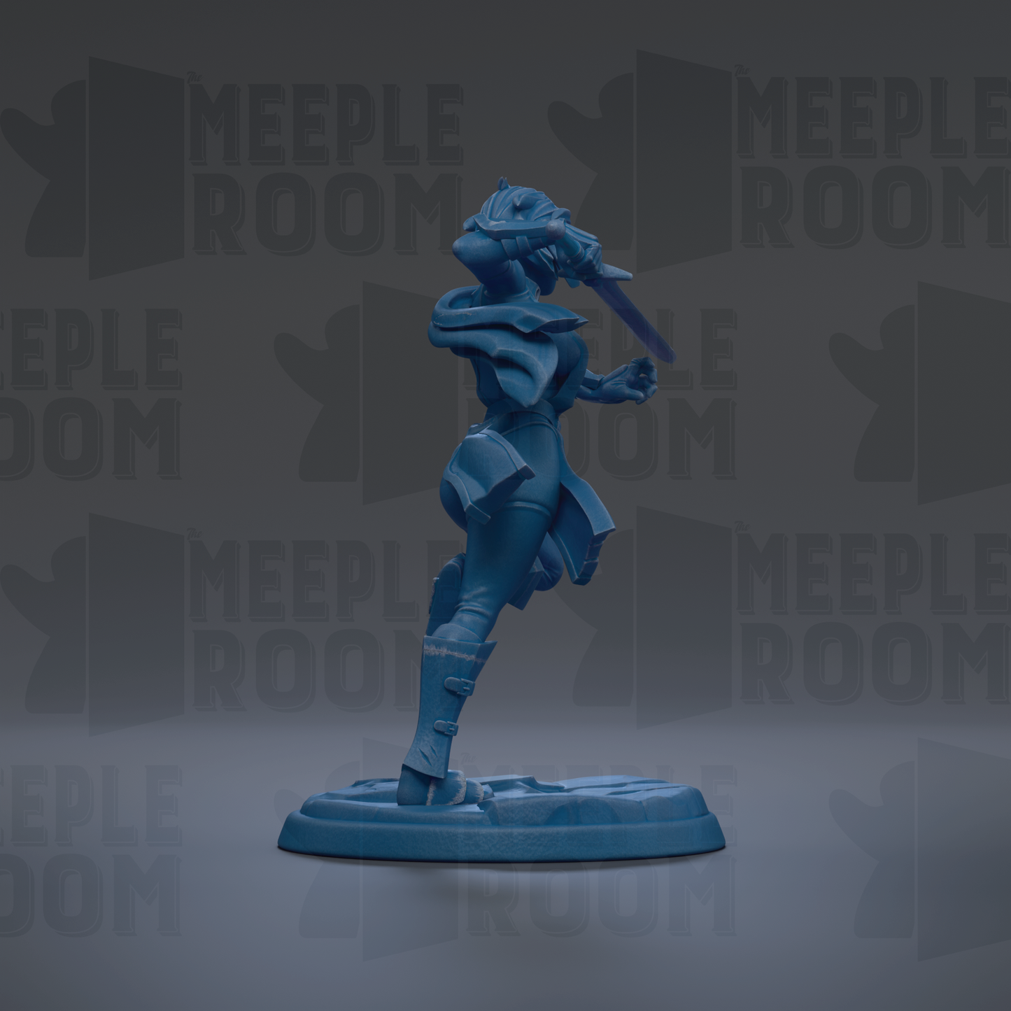 A blue figurine of a person standing on a base, with the text "MEUPLE ROOM" repeated in the background.