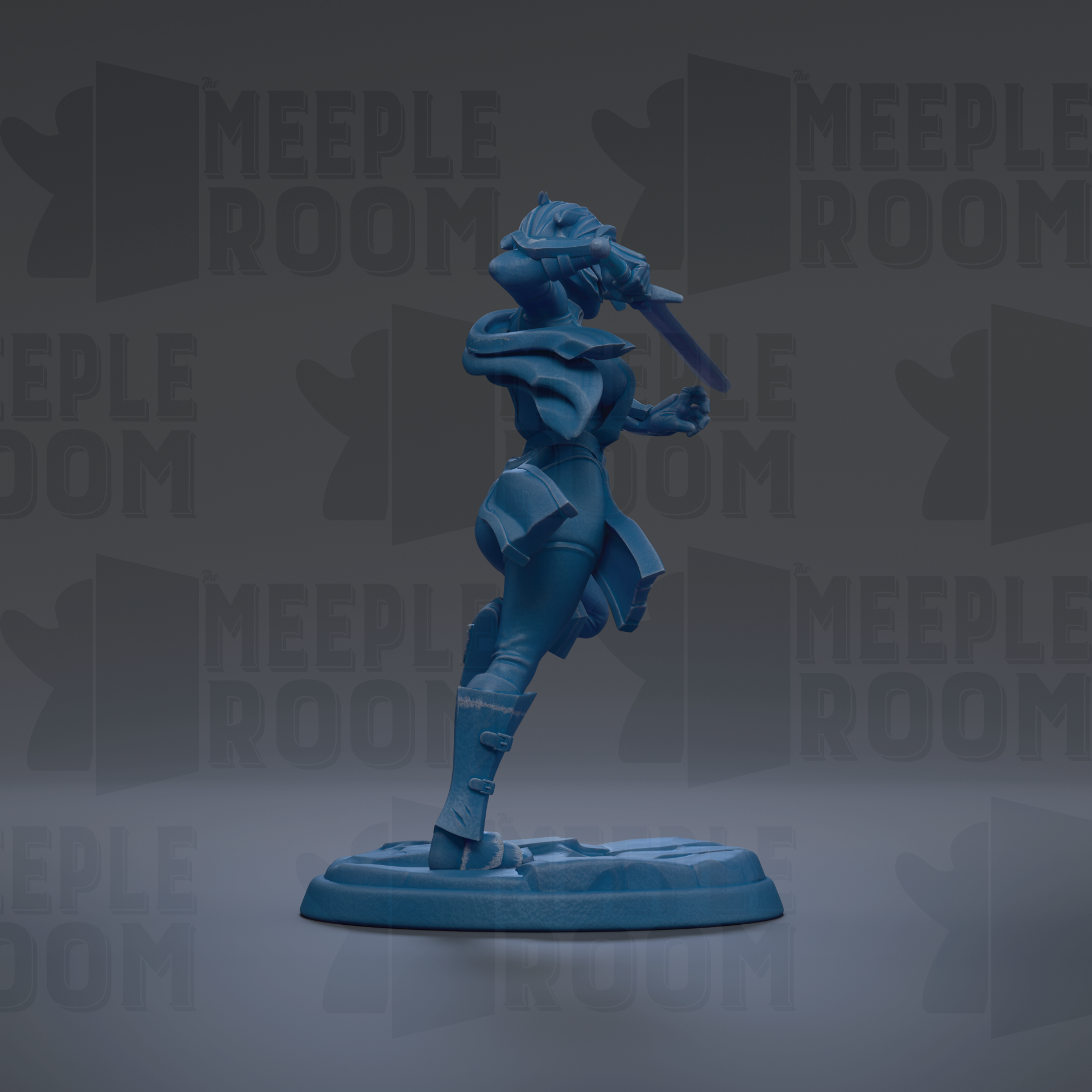 A blue figurine of a person standing on a base, with the text "MEUPLE ROOM" repeated in the background.