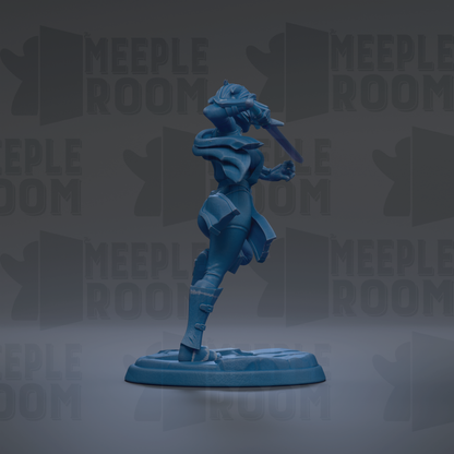 A blue figurine of a person standing on a base, with the text "MEUPLE ROOM" repeated in the background.
