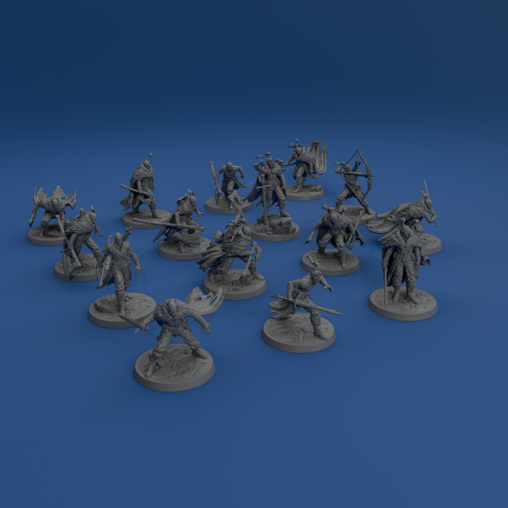 A collection of gray figurines depicting various fantasy characters, including knights, dragons, and other mythical creatures, arranged on a blue background.