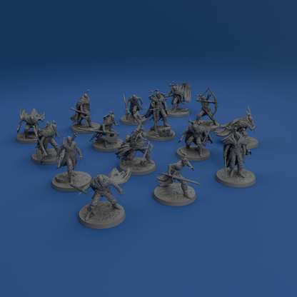 A collection of gray figurines depicting various fantasy characters, including knights, dragons, and other mythical creatures, arranged on a blue background.