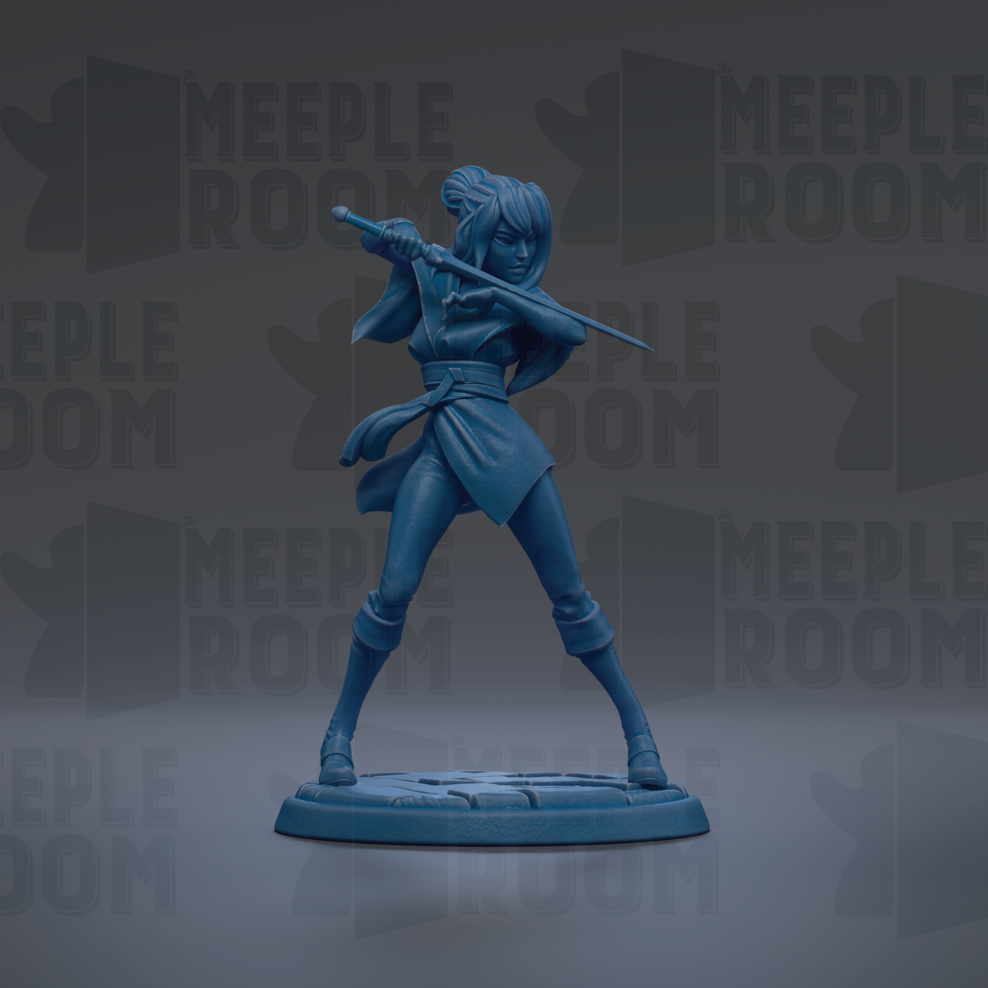 A blue figurine of a female character with a sword, standing in a fighting stance.