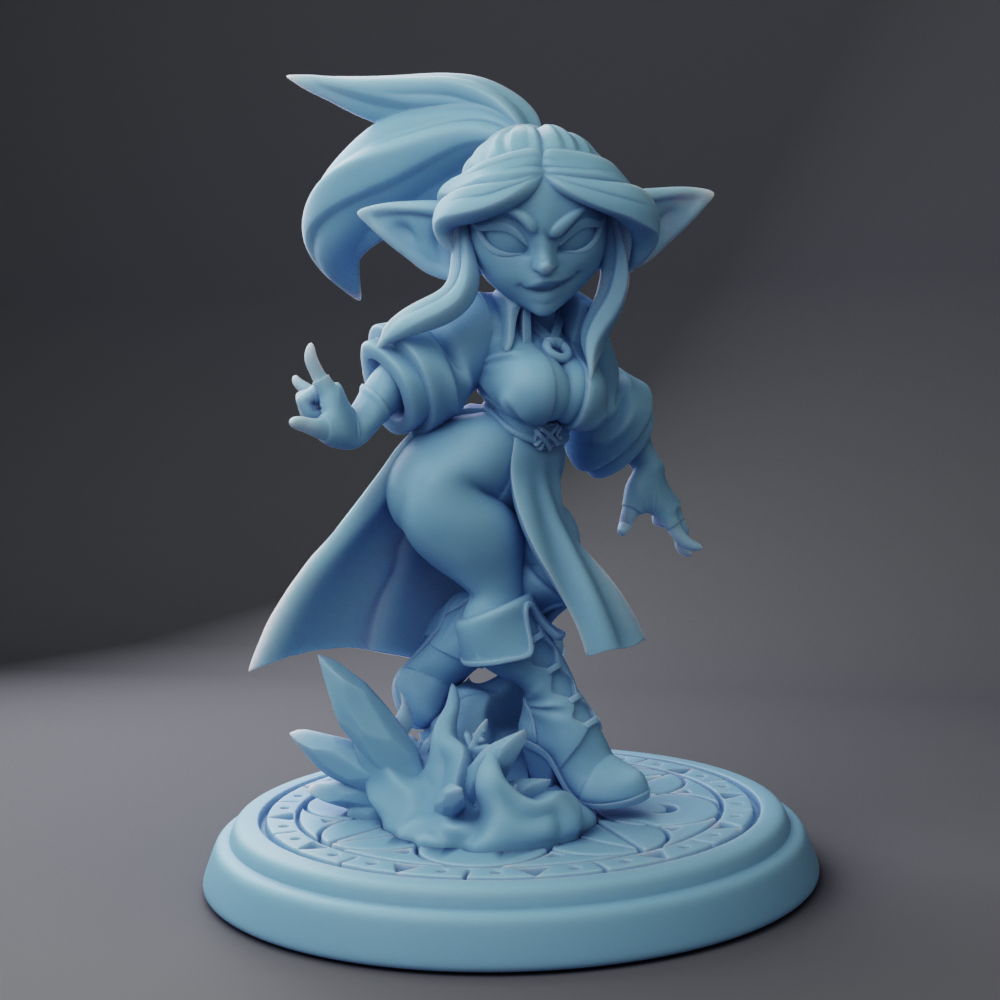 A 3D rendering of a female character with long hair and a pointed hat, standing on a platform with a circular base.