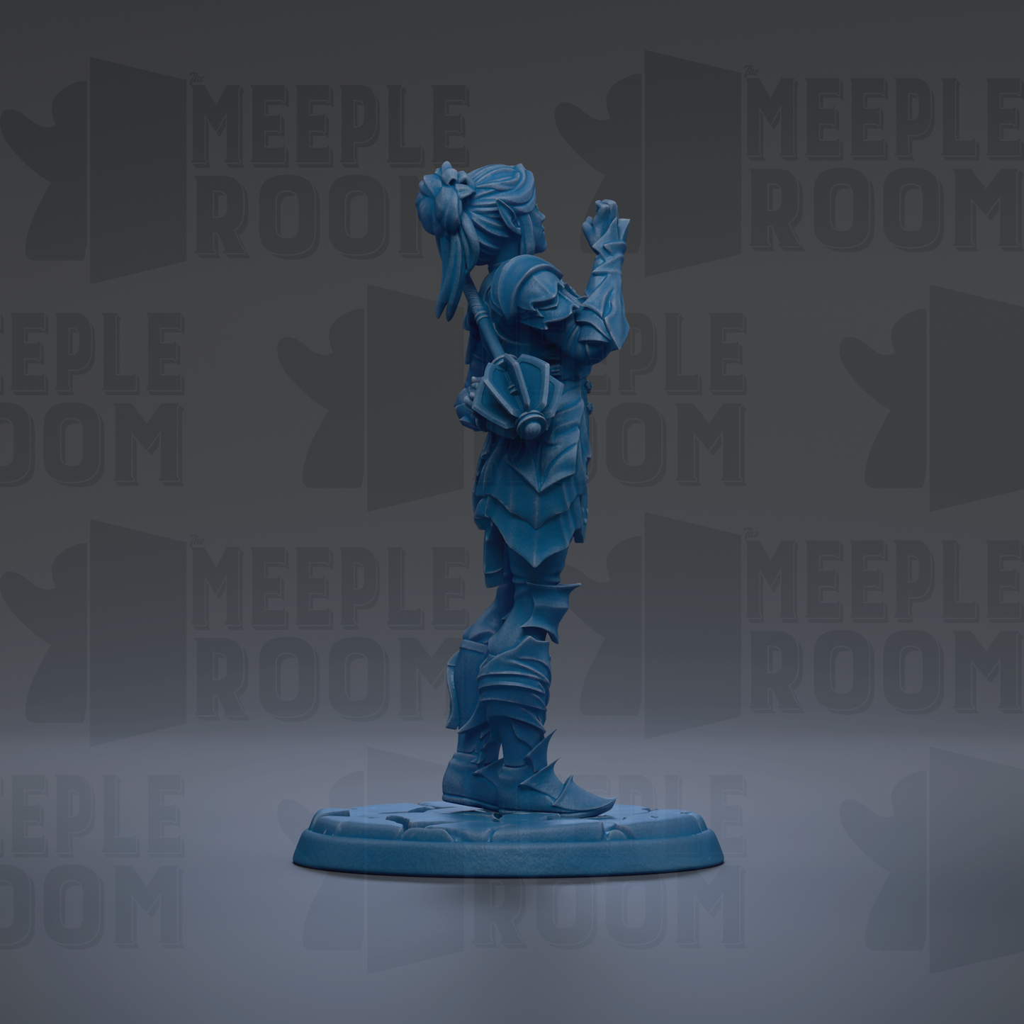 A blue figurine of a person standing on a platform against a dark background with repeated text.