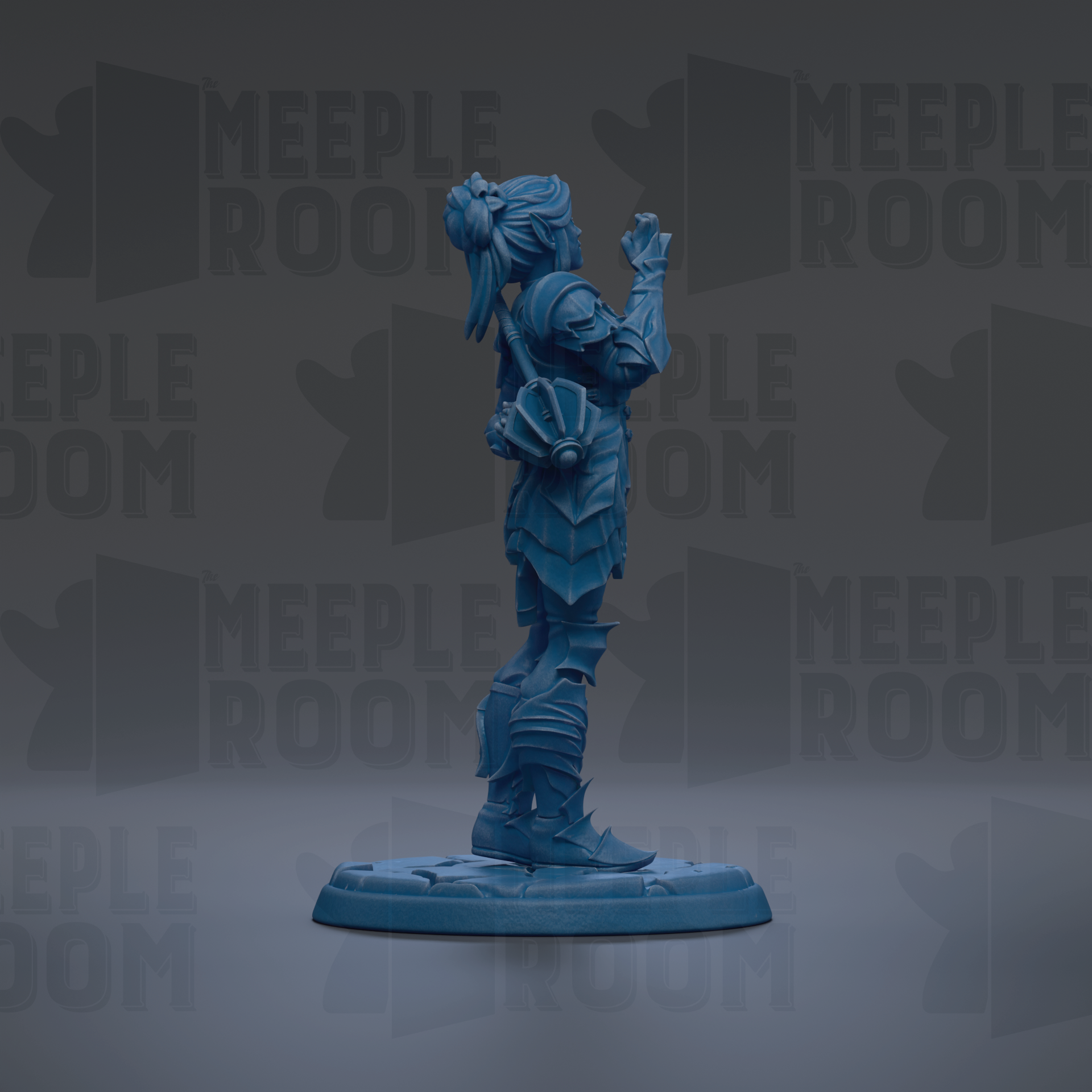 A blue figurine of a person standing on a platform against a dark background with repeated text.