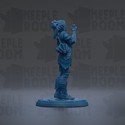 A blue figurine of a person standing on a platform against a dark background with repeated text.