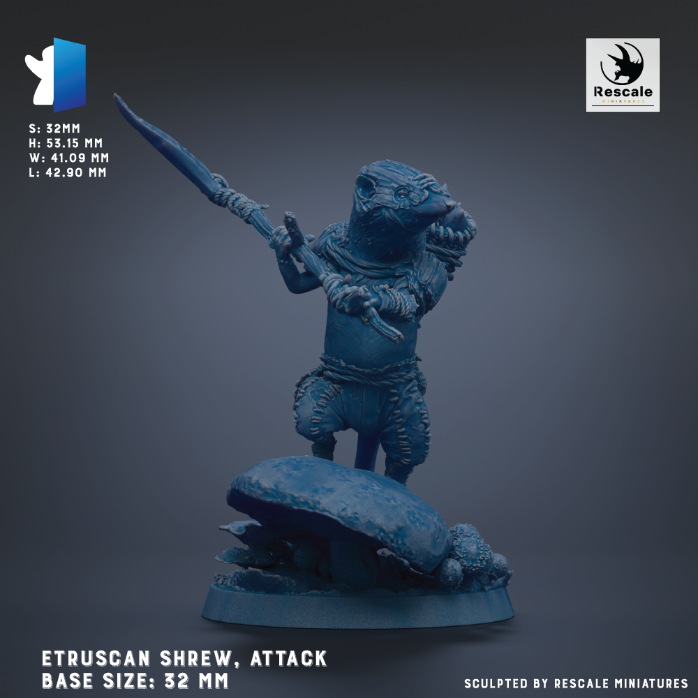 a blue figurine of a creature with a sword, standing on a mushroom-shaped base. The figurine is described as a "ETRUSCAN SHREW" and is "ATTACK" based on the text. The base sizes are 32 mm. The image is described as a "Sculpted by RESCALE MINIATURES".
