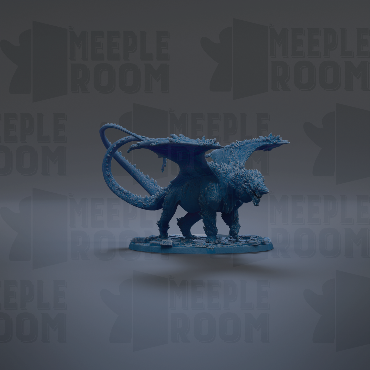 A blue dragon figurine is displayed against a dark background with repeated text.