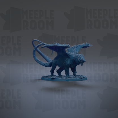 A blue dragon figurine is displayed against a dark background with repeated text.
