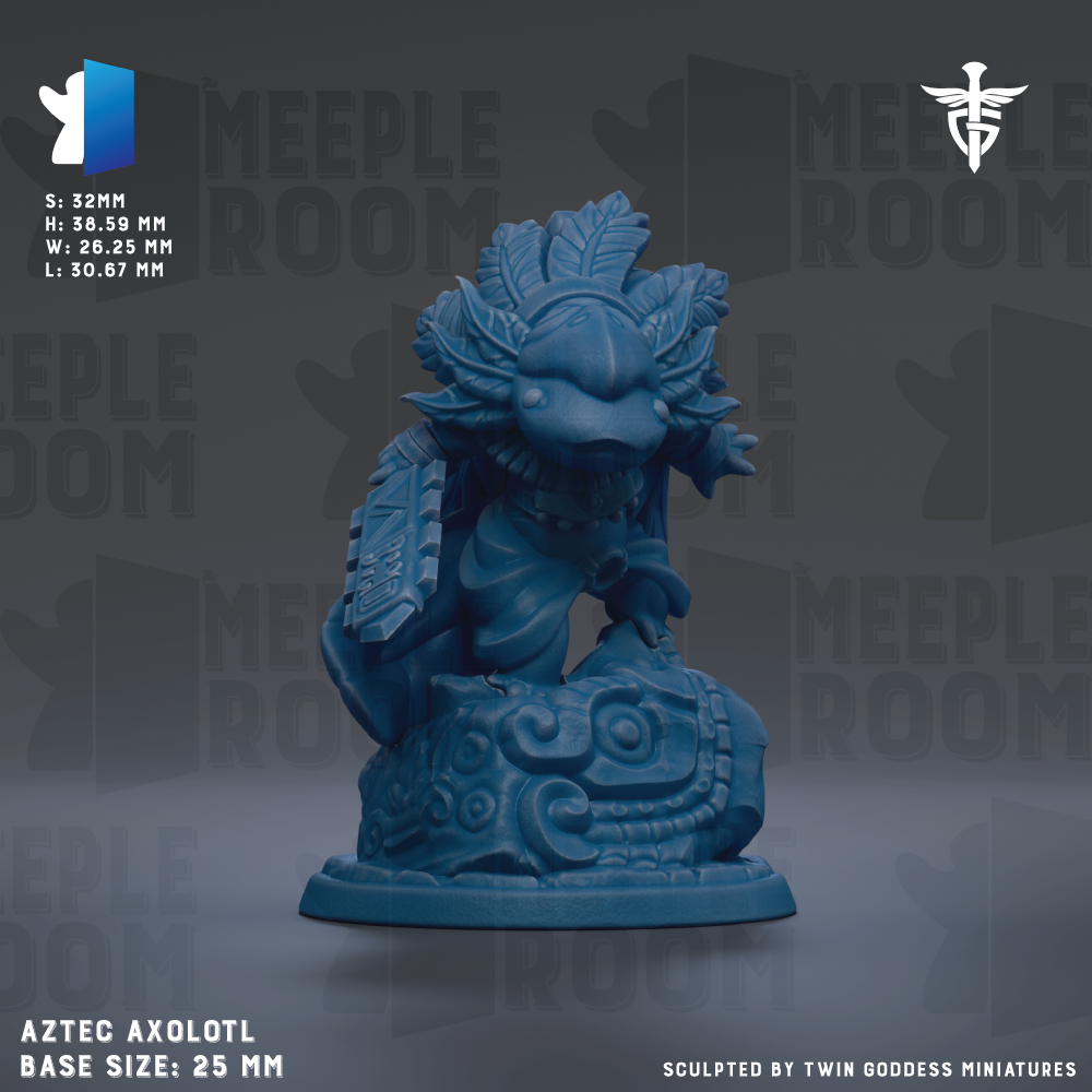 a figurine of an Aztec axolot, a mythical creature from ancient Mexico, with a blue color and intricate designs. The figurine is described as a base size of 25mm and is sculpted by Twin Goddess Miniatures.