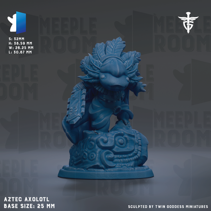 a figurine of an Aztec axolot, a mythical creature from ancient Mexico, with a blue color and intricate designs. The figurine is described as a base size of 25mm and is sculpted by Twin Goddess Miniatures.