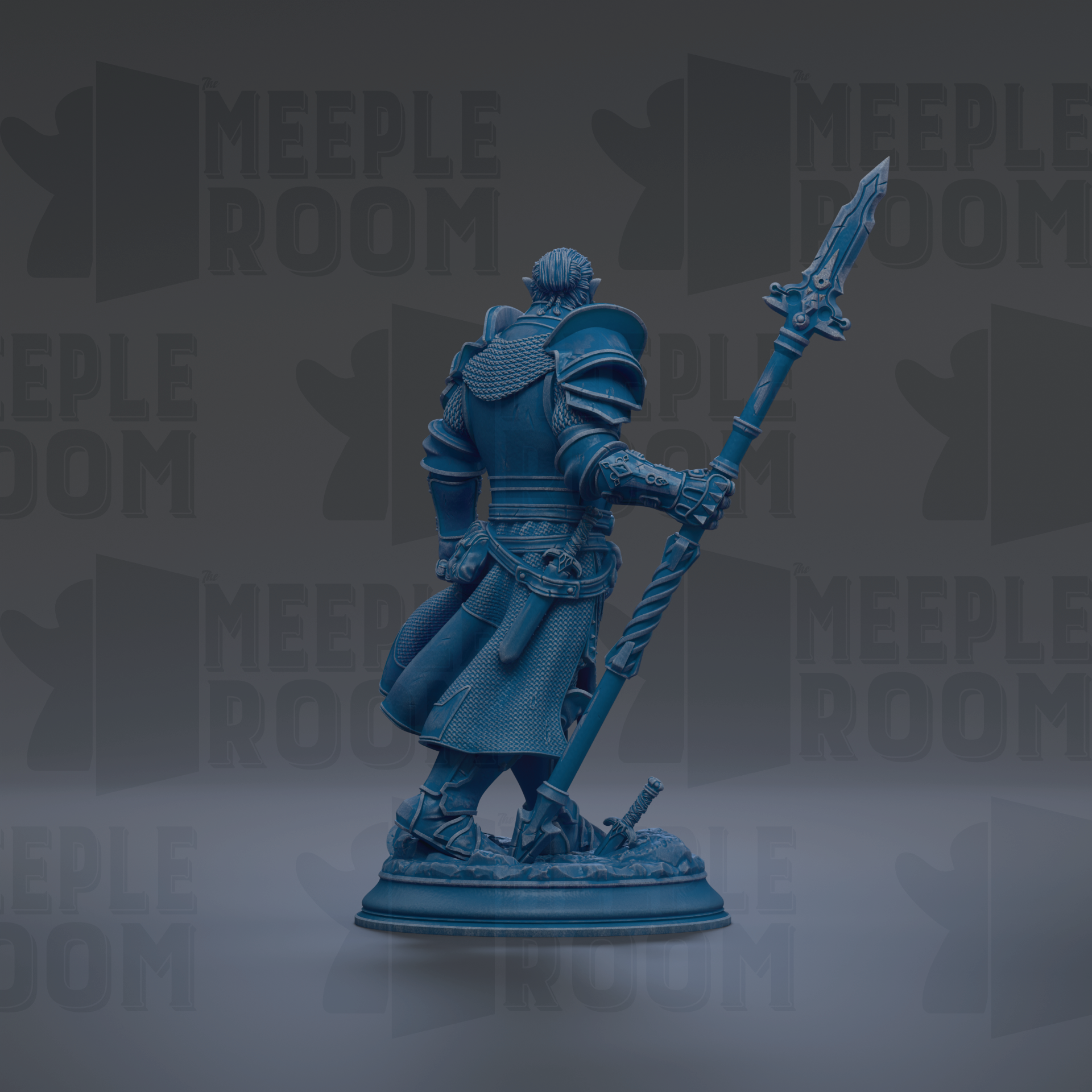 A blue statue of a warrior figure holding a spear and sword, standing in a defensive stance.