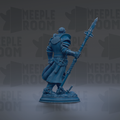 A blue statue of a warrior figure holding a spear and sword, standing in a defensive stance.