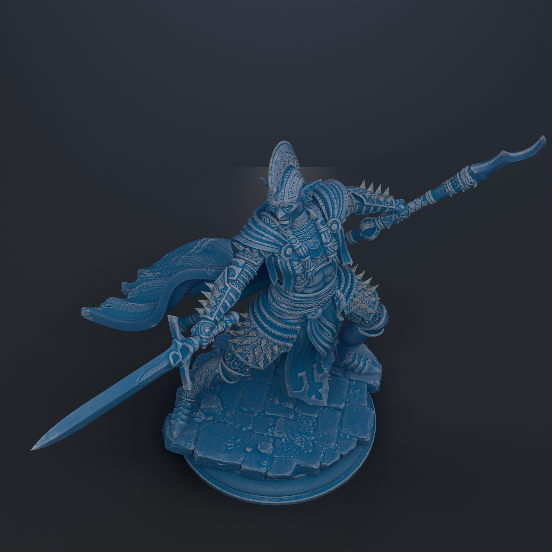 A detailed 3D rendering of a warrior figure wielding a sword and shield, standing on a rocky platform against a dark background.