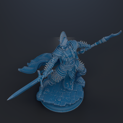 A detailed 3D rendering of a warrior figure wielding a sword and shield, standing on a rocky platform against a dark background.