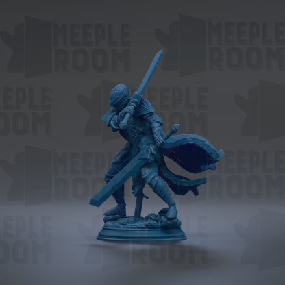 A blue figurine of a knight holding a sword and shield, standing on a pedestal against a dark background with repeated text.