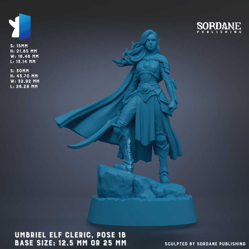 The image is a detailed 3D rendering of an Umbriel Elf Cleric, a fantasy character from the video game series of the same name. The character is posed in a dynamic stance, with flowing robes and a cape, and is standing on a rocky outcropping. The image is in a blue color scheme, and the base size of the figurine is either 12.5 mm or 25 mm. The image is published by Sordane Publishing.