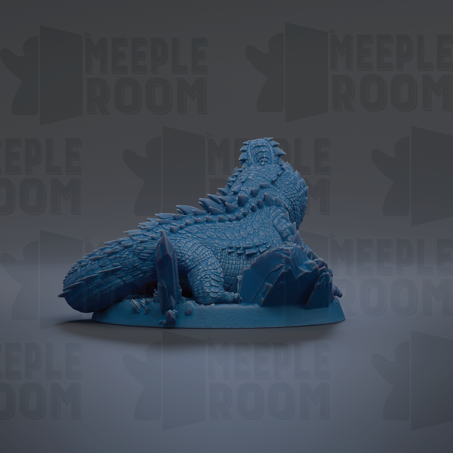 A 3D rendering of a blue, scaly-looking creature resembling a lizard or salamander, sitting on a base.