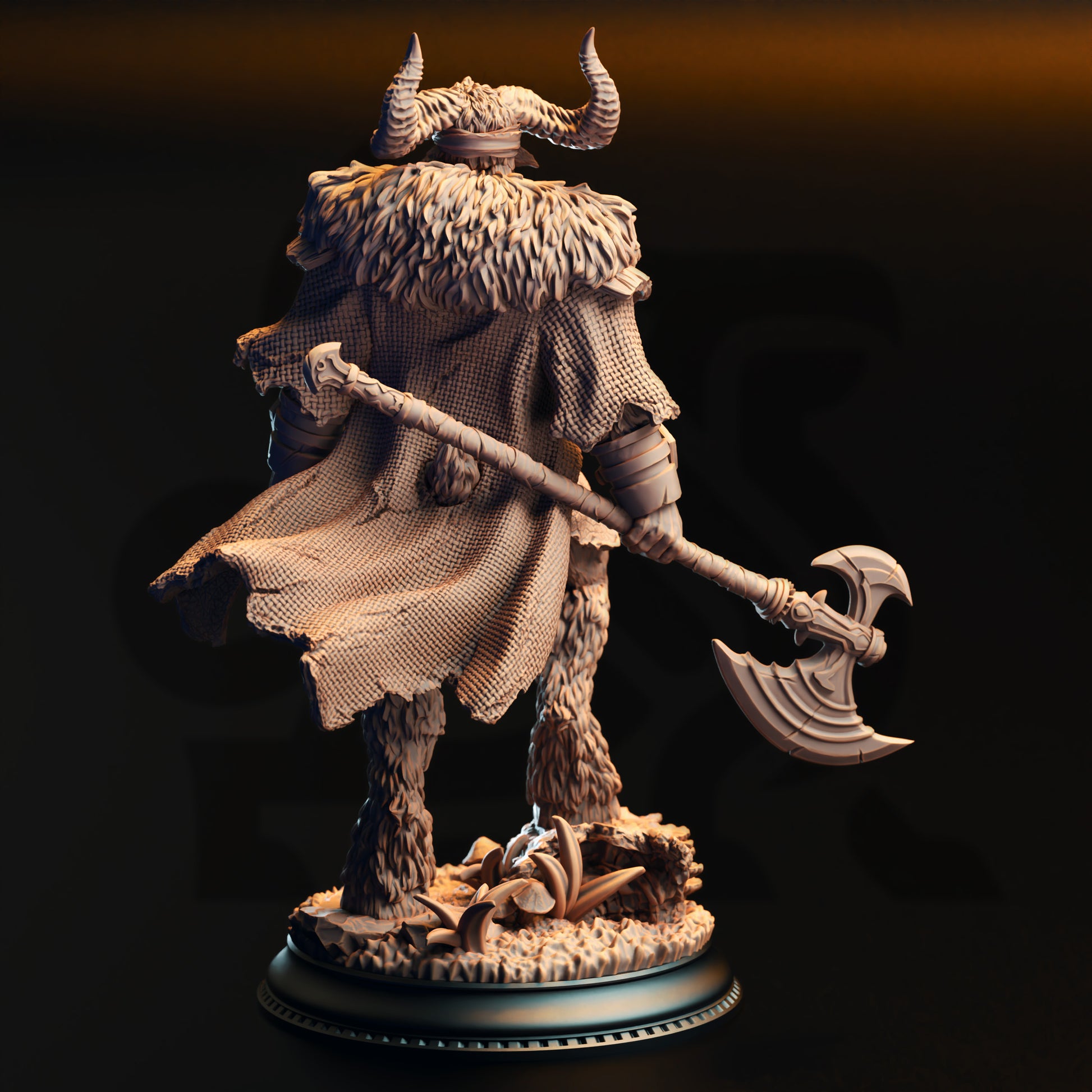 A detailed 3D model of a warrior figure holding a large weapon, standing on a base with a textured surface.