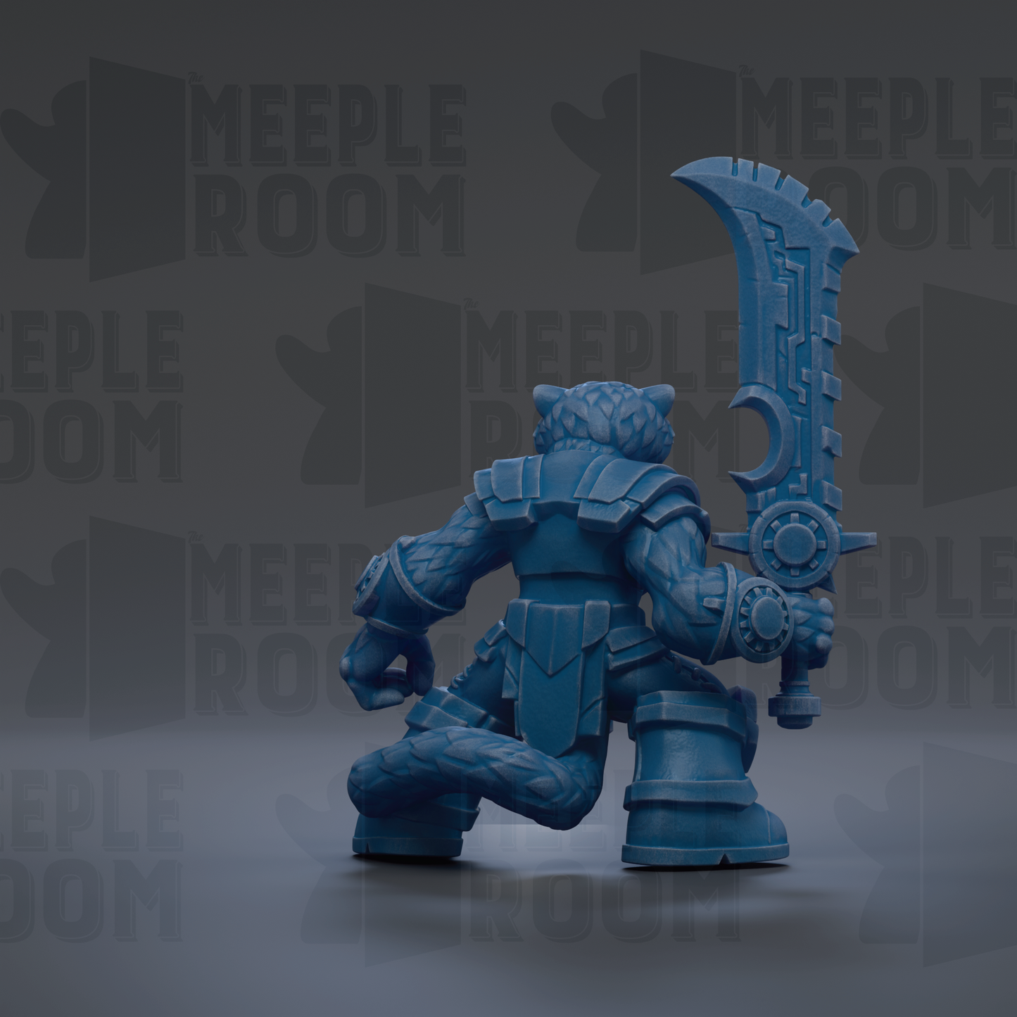 A blue, armored character holding a large sword stands in the center of the image against a dark background with repeated "MEUPLE ROOM" text.