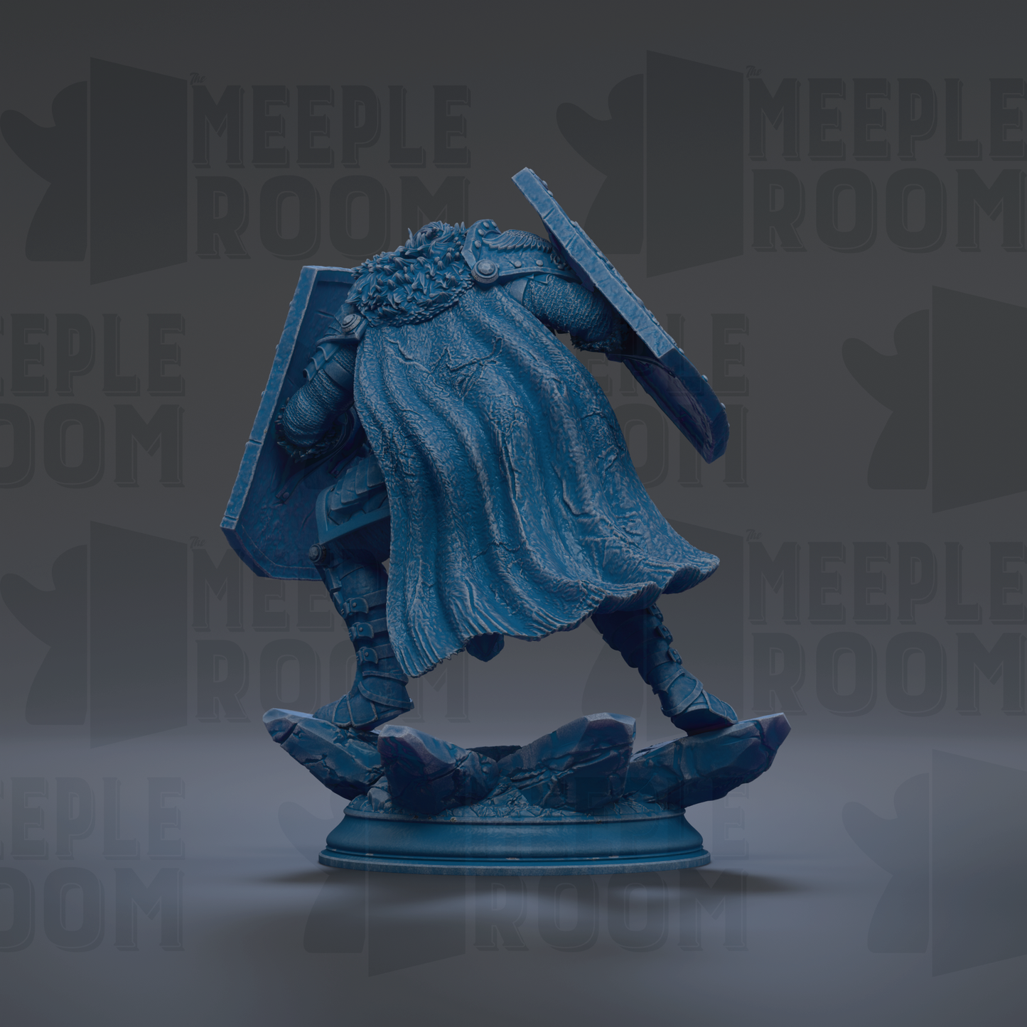 A blue statue of a warrior figure standing on a pedestal, with a shield and sword in hand.