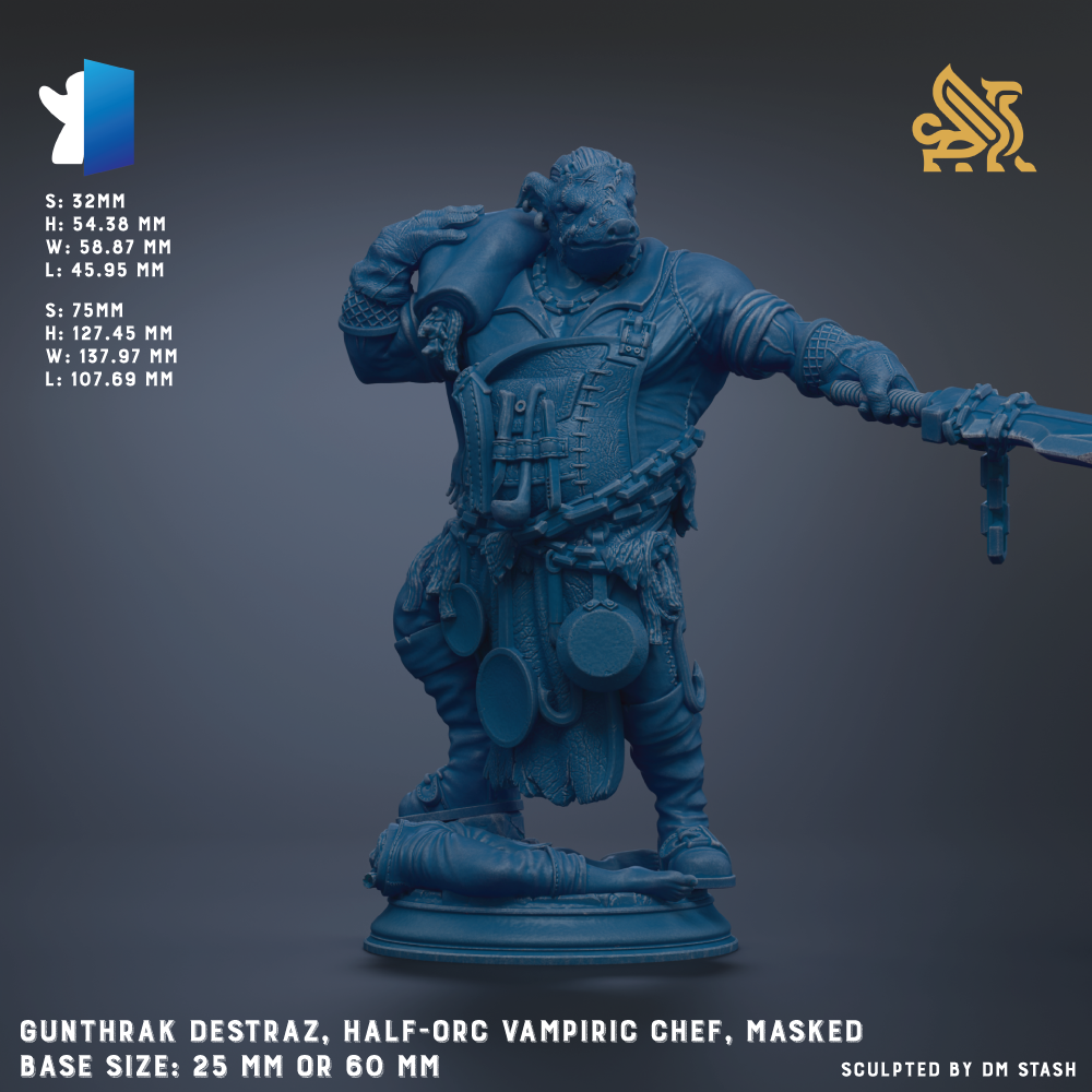 The image is a 3D model of a character, specifically a half-org vampire chef, wearing a mask and carrying a weapon. The character is depicted in a dynamic pose, with one arm extended and the other holding a weapon. The image is described as a "GUNTHRAK DESTRAZ, HALF-ORC VAMPIRE CHEF, MASKED" base size, which is either 25mm or 60mm. The image is a 3D model, and it is described as a "Sculpted by DM Stash".