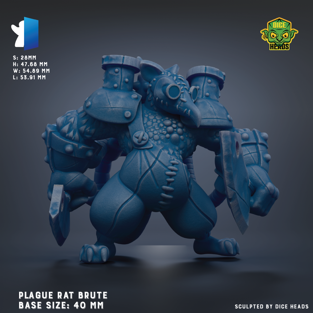 The image is a 3D rendering of a blue, armored character resembling a Plague Rat, a type of rat that has been weaponized for battle. The character is depicted in a dynamic pose, with its arms and legs spread out, and it is wearing a mask that resembles a Plague Rat. The image is labeled with the text "PLAGUE RAT BRUTE BASE SIZES: 40 MM" and "SOLVED BY DICE HEADS".