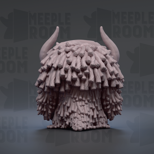 A 3D rendering of a large, furry creature with horns, possibly a mythical or fantastical animal, against a dark background with repeated text.