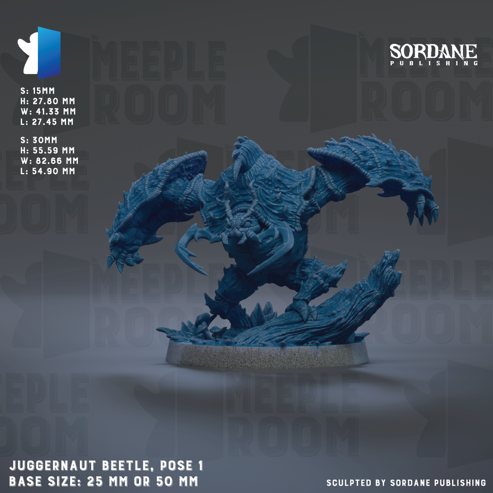 The image is a detailed 3D rendering of a Juggnaut Beetle, a type of beetle, posed in a dynamic standing position. The base size of the Juggnaut Beetle is either 25mm or 50mm, depending on the perspective. The image is published by Sordane Publishing and is a part of their gaming series.