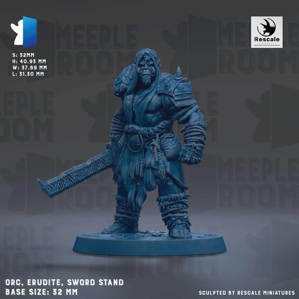 a detailed figurine of an armored warrior standing on a sword stand, holding a large sword. The figurine is in a blue color and appears to be made of a material that resembles stone or metal. The figurine is set against a dark background, which highlights its intricate design and craftsmanship. The figurine is described as a "ORC. ERUDITE, SWORD STAND" and has a base size of 32mm. It is also noted that the figurine is "Sculpted by RESCALE MINIATURES".