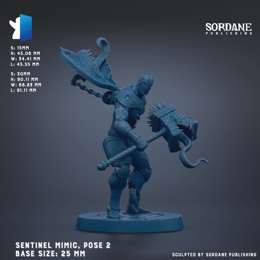 The image is a detailed 3D model of a Sentinel Mimic, a type of fantasy character, with a base size of 25 mm. The character is shown in a dynamic pose, holding a large weapon and a smaller one in its hands. The image does not contain any text, and the focus is on the intricate details and pose of the character.