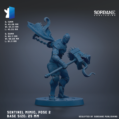 The image is a detailed 3D model of a Sentinel Mimic, a type of fantasy character, with a base size of 25 mm. The character is shown in a dynamic pose, holding a large weapon and a smaller one in its hands. The image does not contain any text, and the focus is on the intricate details and pose of the character.