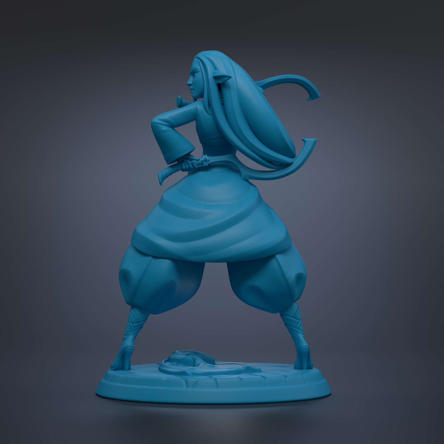 A blue statue of a woman with long hair, wearing a flowing dress, standing on a base and holding a weapon.