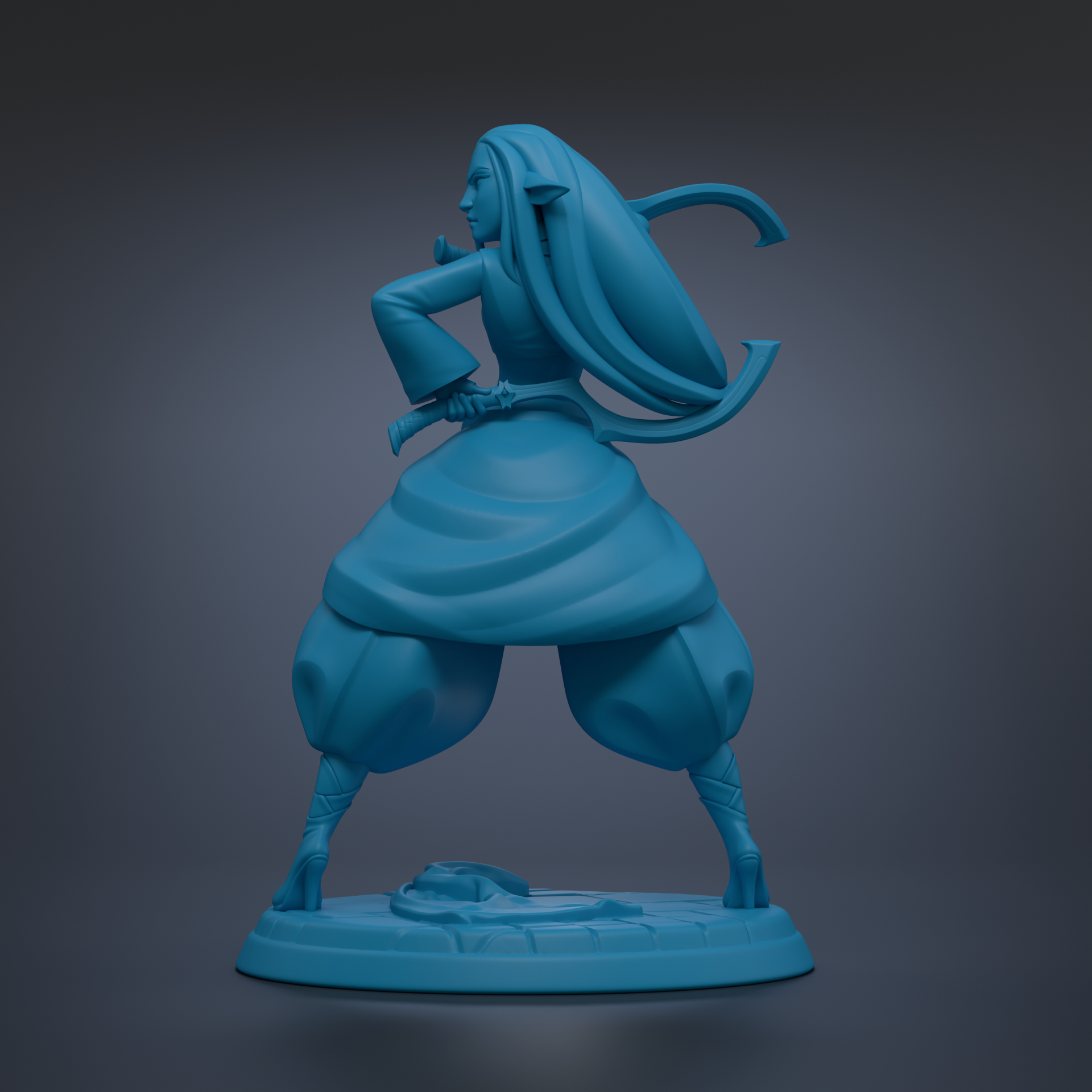 A blue statue of a woman with long hair, wearing a flowing dress, standing on a base and holding a weapon.