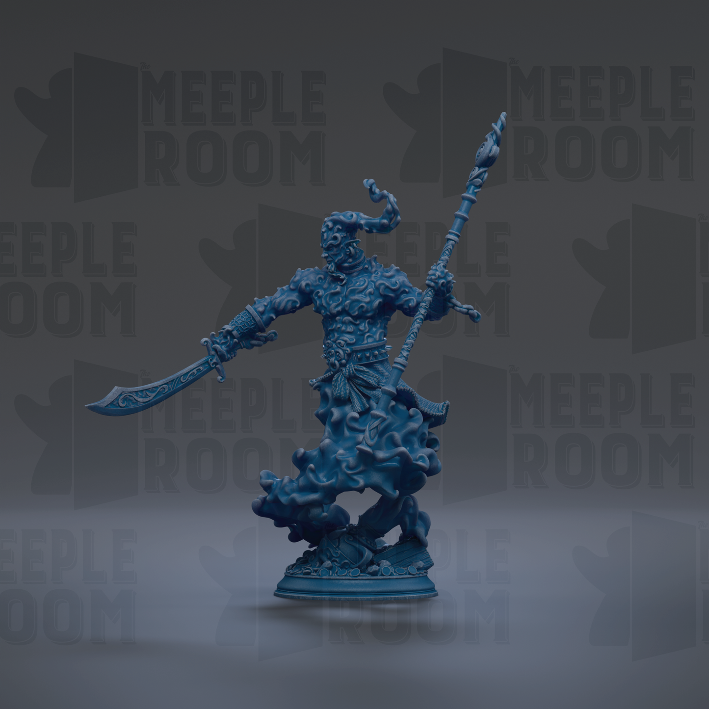 A blue figurine of a warrior-like character holding a sword and shield, standing on a pedestal against a dark background with repeated text.