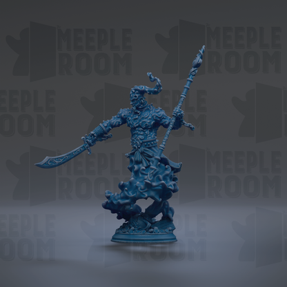 A blue figurine of a warrior-like character holding a sword and shield, standing on a pedestal against a dark background with repeated text.