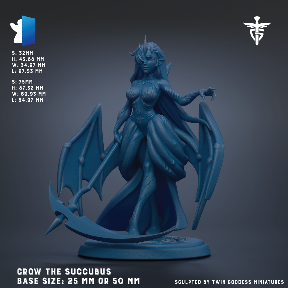 The image is a 3D rendering of a female character with wings, depicted in a blue color. The character appears to be a fantasy creature, possibly a dragon or a unicorn-like being. The image is labeled with the name "Crow the Succubus" and the base sizes of the sculpture, which are 25 mm or 50 mm. The image is described as a "collage of multiple images" and is "sculpted by Twin Goddesses miniatures".
