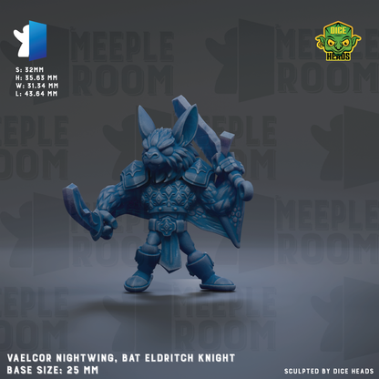 a detailed 3D model of a bat-like creature, possibly a knight or elf, with a sword in its hand. The creature is standing on a gray background with the text "MEEPLE ROOM" repeated multiple times. The image is described as a "base size: 25mm" and is "sculpted by dice heads".